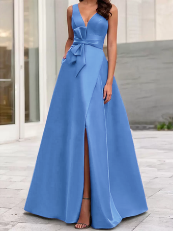 アクアグリーンイブニングドレス Aライン Vネック サテン生地 フロアレングス リボン フォーマルディナードレス