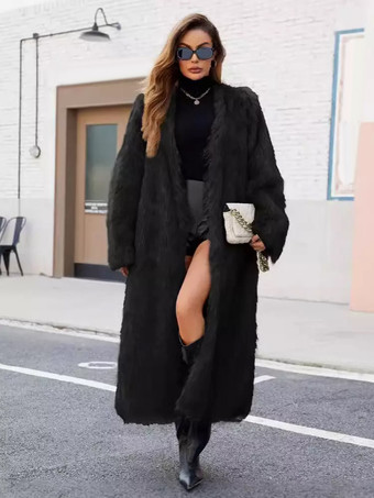 ブラック フェイクファーコート ブラック ウエストラインなし フルレングス レディース エコフレンドリー ファーコート