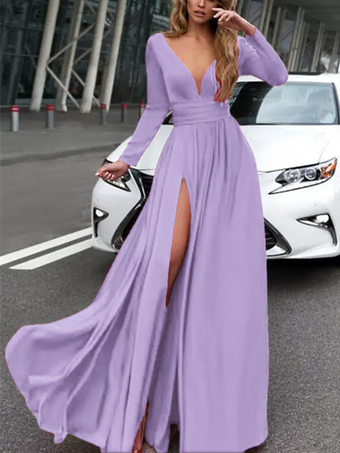 ライラック イブニングドレス 2025 Aライン Vネック 伸縮性のあるシルクのようなサテン 長袖 プリーツ スプリットフロント フォーマルパーティードレス 無料カスタマイズ