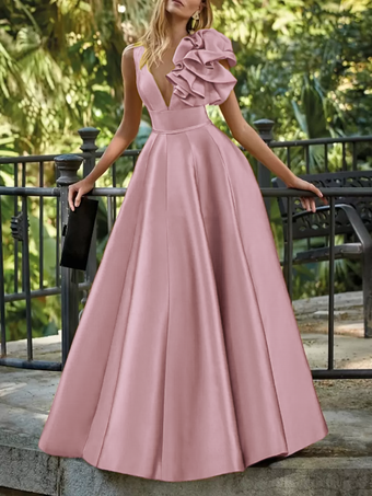 サーモンピンクイブニングドレス ボールガウン Vネック フロア丈 ノースリーブ ジッパー 花柄 サテン生地 フォーマルパーティードレス