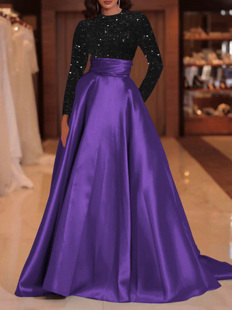 バイオレットイブニングドレス ボールガウン ジュエルネック トレーン付き 長袖 ジッパー スパンコール ベロア 社交ページェントドレス