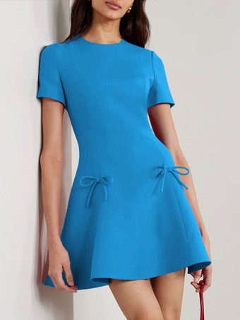 ブルーイブニングドレス A ライン ジュエルネック ショート 半袖 ジッパー リボン ストレッチ クレープ フォーマル パーティー ドレス 無料カスタマイズ