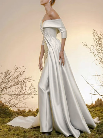 ブライダルジャンプスーツ サテン生地 プリーツ トレーン付きジャンプスーツ デザインネックライン ハーフスリーブ 30cm ナチュラルウエスト アイボリー