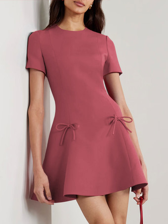 マルーンイブニングドレス A ライン ジュエルネック ショート 半袖 ジッパー リボン ストレッチ クレープ フォーマル パーティー ドレス 無料カスタマイズ