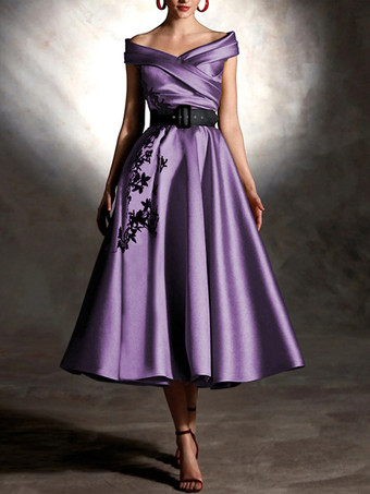 ライラックプロムドレス サテン生地 デザインネックライン ボールガウン 半袖 アップリケ パーティードレス