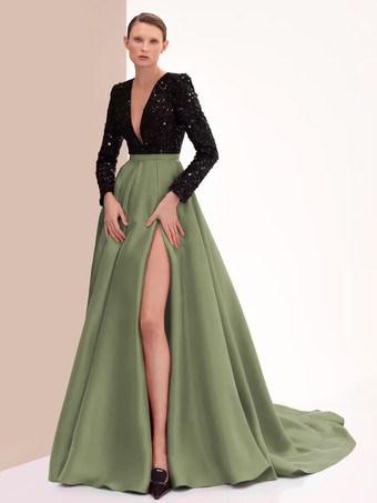 オリーブグリーンイブニングドレス ボールガウン Vネック トレーン付き 長袖 ジッパー スリットフロント サテン生地 フォーマルパーティードレス