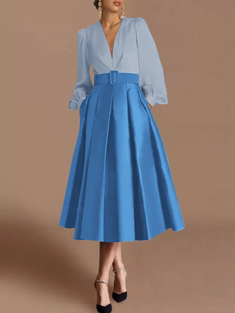 ブループロムドレス ボールガウン Vネック サテン生地 長袖 サッシュ ページェントドレス