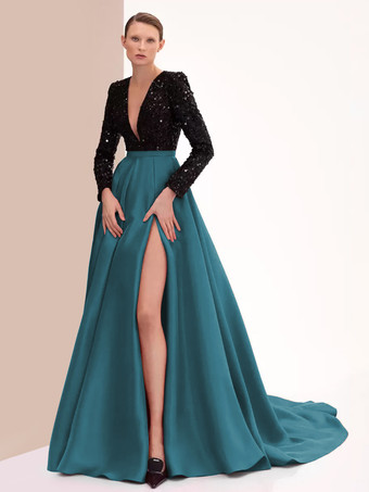ターコイズグリーンイブニングドレス ボールガウン Vネック トレーン付き 長袖 ジッパー スリットフロント サテン生地 フォーマルパーティードレス