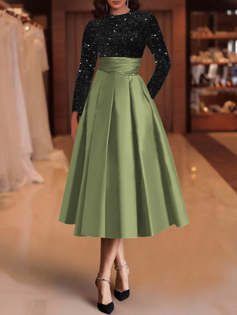 オリーブグリーンイブニングドレス ボールガウン ジュエルネック サテン生地 ティーレングス スパンコール フォーマルパーティードレス