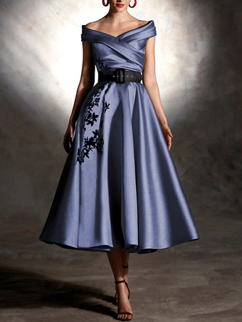 スチールブループロムドレス サテン生地 デザインネックライン ボールガウン 半袖 アップリケ パーティードレス