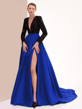 ロイヤルブルーイブニングドレス ボールガウン Vネック トレーン付き 長袖 ジッパー スリットフロント サテン生地 フォーマルパーティードレス