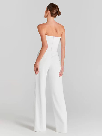 ブライダルジャンプスーツ チュール パール フロアレングス ジャンプスーツ デザインネックライン 長袖 ナチュラルウエスト アイボリー