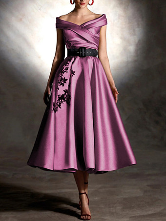 ピンクプロムドレス サテン生地 デザインネックライン ボールガウン 半袖 アップリケ パーティードレス