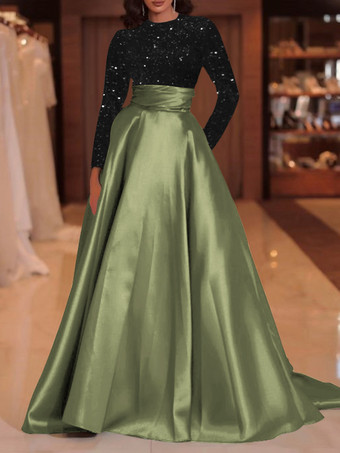 オリーブグリーンイブニングドレス ボールガウン ジュエルネック トレーン付き 長袖 ジッパー スパンコール ベロア 社交ページェントドレス