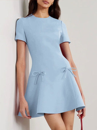 スカイブルー イブニングドレス A ライン ジュエルネック ショート 半袖 ジッパー リボン ストレッチ クレープ フォーマル パーティー ドレス 無料カスタマイズ