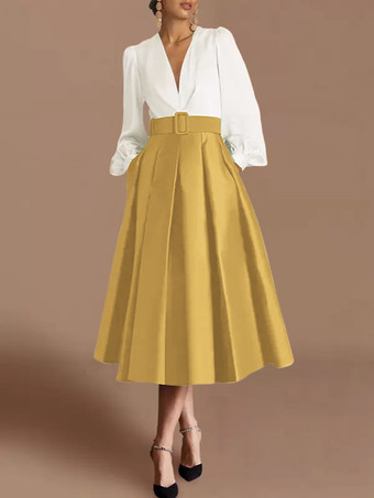 シャンパンプロムドレス ボールガウン Vネック サテン生地 長袖 サッシュ ページェントドレス