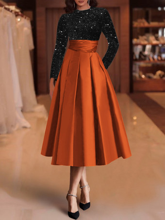 オレンジイブニングドレス ボールガウン ジュエルネック サテン生地 ティーレングス スパンコール フォーマルパーティードレス