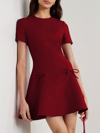 バーガンディーイブニングドレス A ライン ジュエルネック ショート 半袖 ジッパー リボン ストレッチ クレープ フォーマル パーティー ドレス 無料カスタマイズ