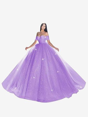 ラベンダーレース ウェディングドレス トレイン プリンセス シルエット 半袖 チュール ストラップレス ブライダルドレス