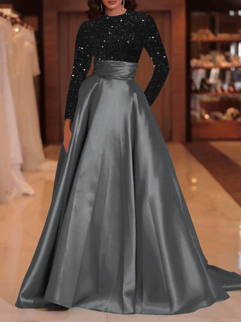 グレイイブニングドレス ボールガウン ジュエルネック トレーン付き 長袖 ジッパー スパンコール ベロア 社交ページェントドレス