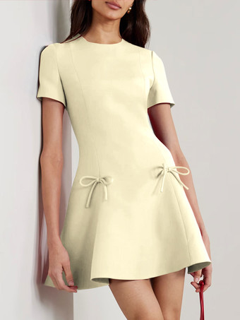 ベージュ イブニングドレス A ライン ジュエルネック ショート 半袖 ジッパー リボン ストレッチ クレープ フォーマル パーティー ドレス 無料カスタマイズ