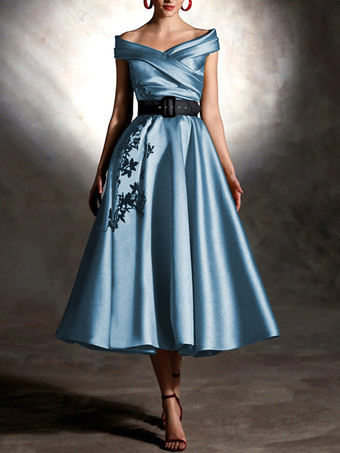 ティールプロムドレス サテン生地 デザインネックライン ボールガウン 半袖 アップリケ パーティードレス