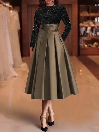 チョコレートイブニングドレス ボールガウン ジュエルネック サテン生地 ティーレングス スパンコール フォーマルパーティードレス