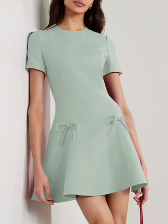 パステルグリーンイブニングドレス A ライン ジュエルネック ショート 半袖 ジッパー リボン ストレッチ クレープ フォーマル パーティー ドレス 無料カスタマイズ