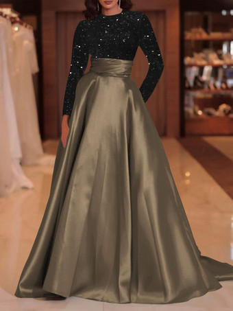 チョコレートイブニングドレス ボールガウン ジュエルネック トレーン付き 長袖 ジッパー スパンコール ベロア 社交ページェントドレス