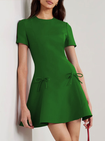 グリーン イブニングドレス A ライン ジュエルネック ショート 半袖 ジッパー リボン ストレッチ クレープ フォーマル パーティー ドレス 無料カスタマイズ