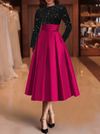 ローズレッドイブニングドレス ボールガウン ジュエルネック サテン生地 ティーレングス スパンコール フォーマルパーティードレス