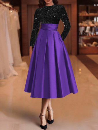 バイオレットイブニングドレス ボールガウン ジュエルネック サテン生地 ティーレングス スパンコール フォーマルパーティードレス