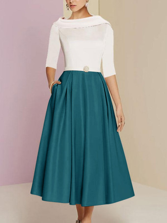 ティールマザードレス バトーネック 7分袖 Aライン サッシュ アンクル丈 ウェディングゲストドレス 無料カスタマイズ