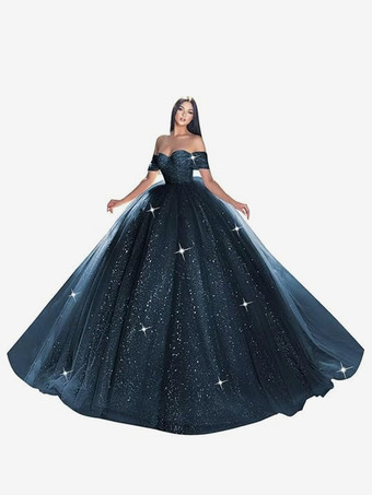 ダークネイビーレース ウェディングドレス トレイン プリンセス シルエット 半袖 チュール ストラップレス ブライダルドレス