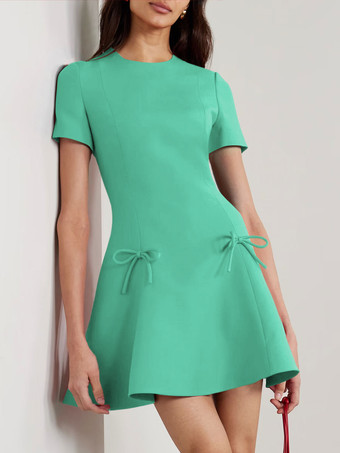 ミントグリーンイブニングドレス A ライン ジュエルネック ショート 半袖 ジッパー リボン ストレッチ クレープ フォーマル パーティー ドレス 無料カスタマイズ