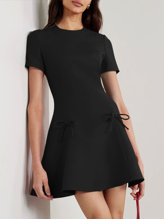 ブラックイブニングドレス A ライン ジュエルネック ショート 半袖 ジッパー リボン ストレッチ クレープ フォーマル パーティー ドレス 無料カスタマイズ