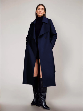 ダークネイビーレッドウールカシミアブレンドコート レディース バーガンディ ダブルブレスト ダブルフェイス 冬アウター 2025