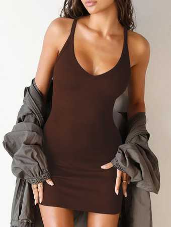 ブラウン ボディコンドレス コーヒーブラウン ノースリーブ セクシー Uネック スリムフィットドレス シースドレス