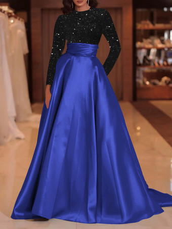 ブルーイブニングドレス ボールガウン ジュエルネック トレーン付き 長袖 ジッパー スパンコール ベロア 社交ページェントドレス