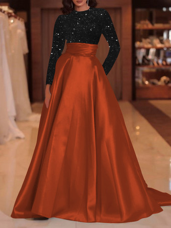 オレンジイブニングドレス ボールガウン ジュエルネック トレーン付き 長袖 ジッパー スパンコール ベロア 社交ページェントドレス