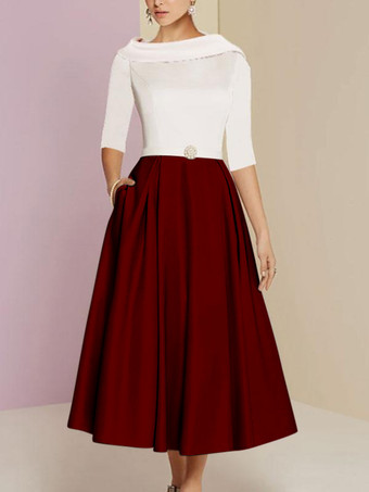 バーガンディーマザードレス バトーネック 7分袖 Aライン サッシュ アンクル丈 ウェディングゲストドレス 無料カスタマイズ