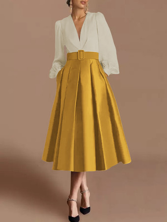 ゴールド プロムドレス ボールガウン Vネック サテン生地 長袖 サッシュ ページェントドレス