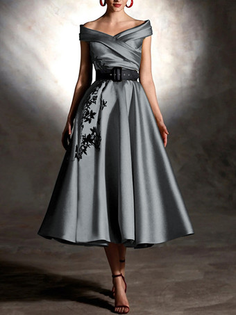 グレイプロムドレス サテン生地 デザインネックライン ボールガウン 半袖 アップリケ パーティードレス