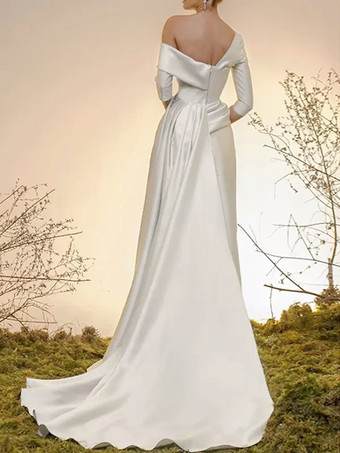 ブライダルジャンプスーツ サテン生地 プリーツ トレーン付きジャンプスーツ デザインネックライン ハーフスリーブ 30cm ナチュラルウエスト アイボリー