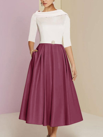 コーラルレッドマザードレス バトーネック 7分袖 Aライン サッシュ アンクル丈 ウェディングゲストドレス 無料カスタマイズ