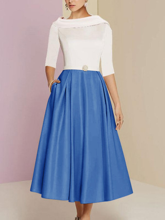 ブルーマザードレス バトーネック 7分袖 Aライン サッシュ アンクル丈 ウェディングゲストドレス 無料カスタマイズ