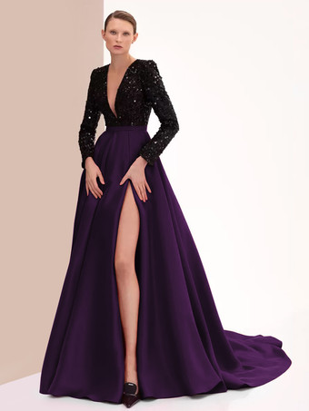 プラムイブニングドレス ボールガウン Vネック トレーン付き 長袖 ジッパー スリットフロント サテン生地 フォーマルパーティードレス