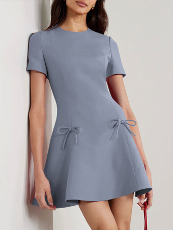 スチールブルーイブニングドレス A ライン ジュエルネック ショート 半袖 ジッパー リボン ストレッチ クレープ フォーマル パーティー ドレス 無料カスタマイズ