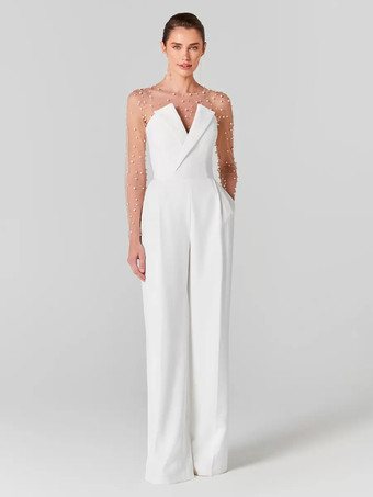 ホワイトブライダルジャンプスーツ チュール パール フロアレングス ジャンプスーツ デザインネックライン 長袖 ナチュラルウエスト アイボリー