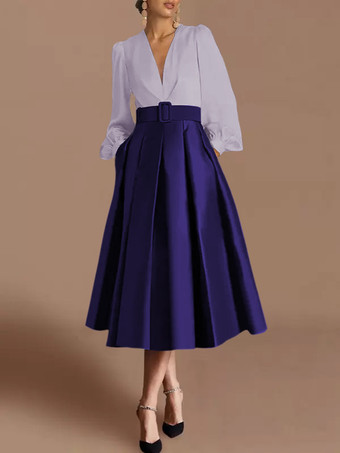 プラムプロムドレス ボールガウン Vネック サテン生地 長袖 サッシュ ページェントドレス